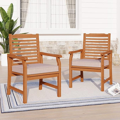 Sophia & William 2 Pieces Acacia Wood Patio Dining Chairs with Cushions, Outdoor Oil Finish Middle Back Wooden Armchairs Set of 2, Natural Wood Chairs for Porch Yard Balcony Deck, Teak