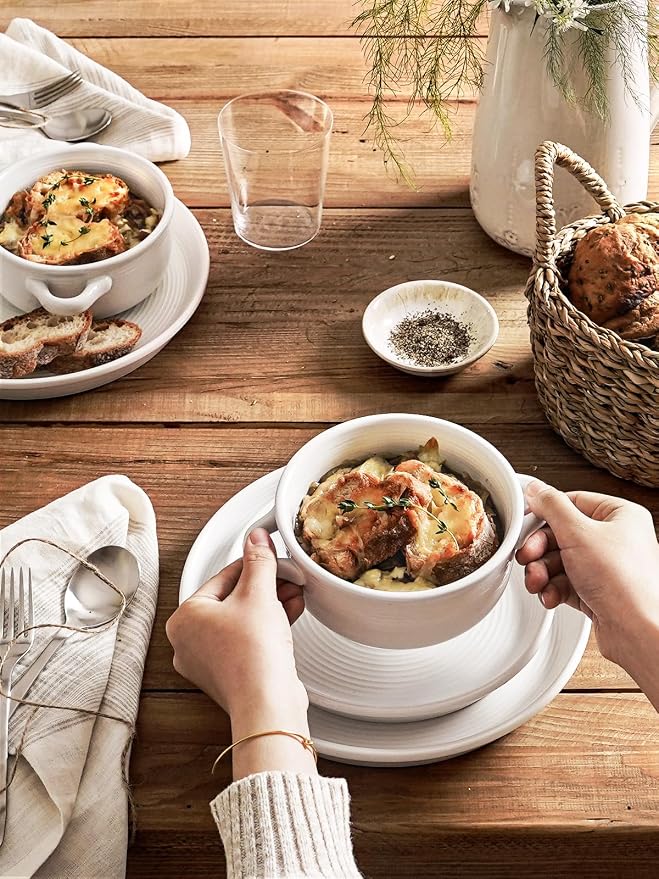 LE TAUCI Soup Bowls with Handles - 22 oz Lead-Free Ceramic French Onion Crocks, Oven and Microwave Safe, Heat-Resistant Design, Stackable, Dishwasher Safe, Set of 4, White
