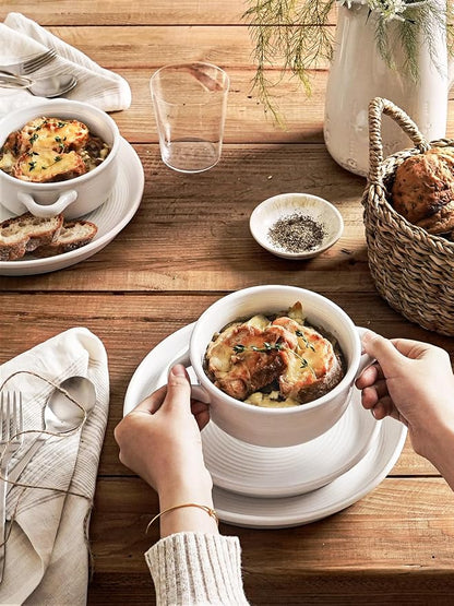 LE TAUCI Soup Bowls with Handles - 22 oz Lead-Free Ceramic French Onion Crocks, Oven and Microwave Safe, Heat-Resistant Design, Stackable, Dishwasher Safe, Set of 4, White