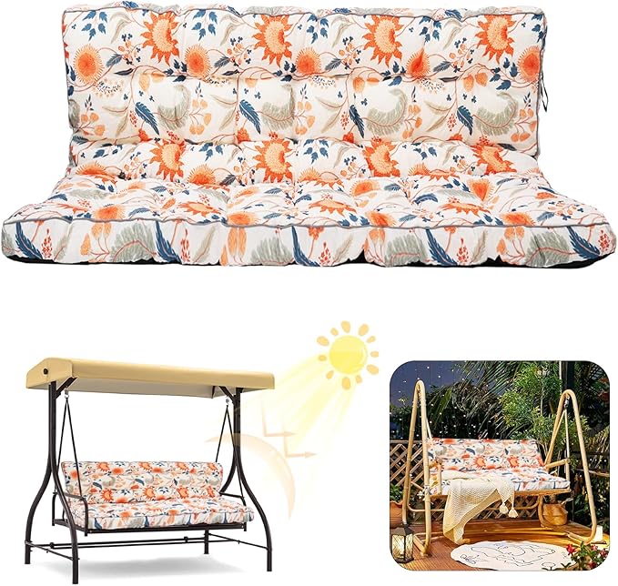 2/3 Seater Swing Replacement Cushion, Waterproof Porch Swing Cushions with Backrest, Thickened Bench Cushions for Outdoor Furniture, for Outdoor Patio Swing (Spring Warmth, 63 * 40in)