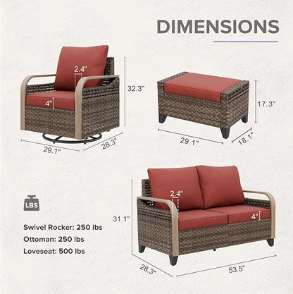 COOS BAY Modern Wicker Outdoor Furniture Set, Patio Conversation Set with Swivel Rockers, 2 Seat Loveseat, and Ottomans, 5 Piece, Brown/Red