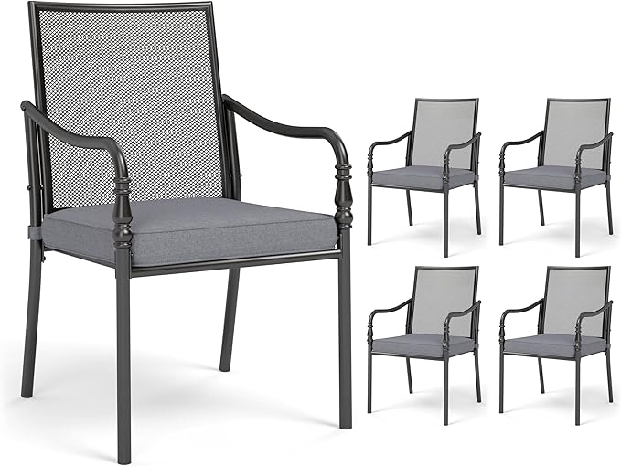HERA'S HOUSE Outdoor Patio Chairs Set of 4, Garden Lawn Backyard Metal Dining Chairs with Arms and Seat Cushions