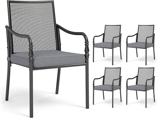 HERA'S HOUSE Outdoor Patio Chairs Set of 4, Garden Lawn Backyard Metal Dining Chairs with Arms and Seat Cushions