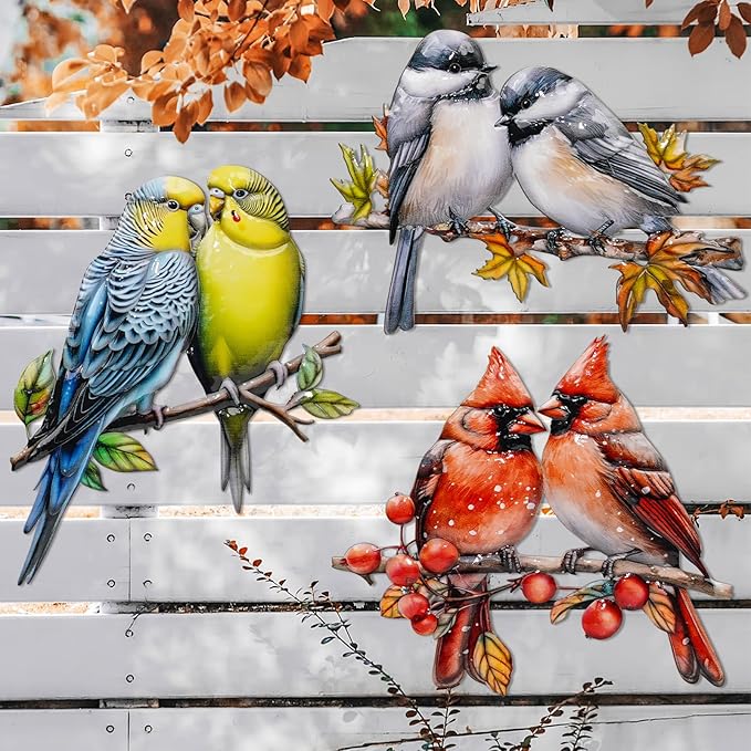 YOADEHOA 3Pcs Metal Wall Art Decor Birds on Branch, 3D Colorful Bird Outdoor Hanging Wall Art Patio Fence Decorations, Hummingbird Wall Sculptures for Indoor Outdoor Garden Garden (Birds B)