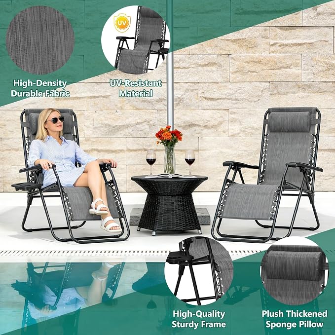 Alpen Outdoor Chaise Lounge Chairs Set of 2, Adjustable Zero Gravity Chair, Foldable Patio Chairs with Reclining Design & Breathable Mesh for Lawn Beach Camping, Grey