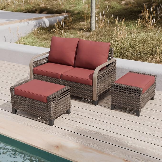 COOS BAY Modern Wicker Outdoor Furniture Set, Patio Conversation Set with 2 Seat Loveseat, and Ottomans, 3 Piece, Brown/Red