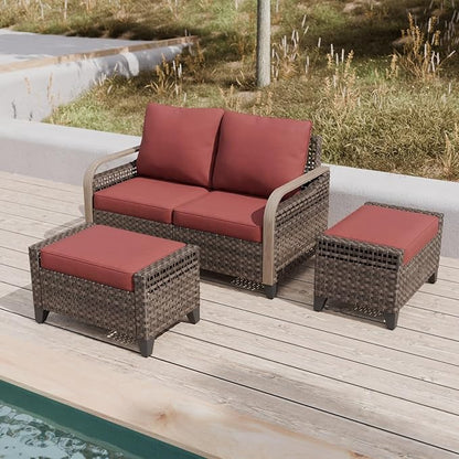 COOS BAY Modern Wicker Outdoor Furniture Set, Patio Conversation Set with 2 Seat Loveseat, and Ottomans, 3 Piece, Brown/Red