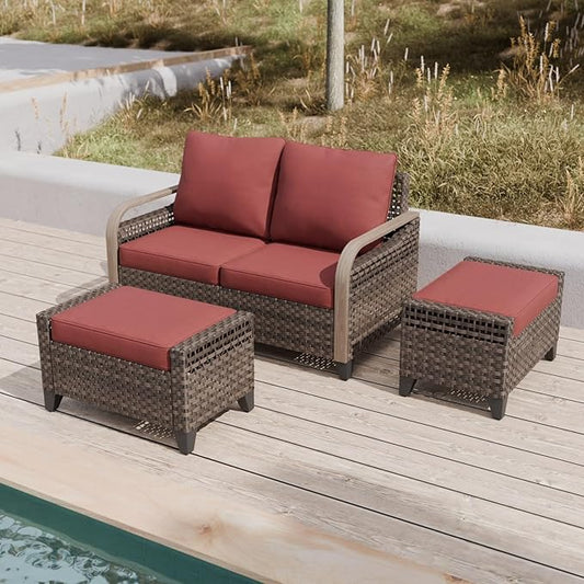 COOS BAY Modern Wicker Outdoor Furniture Set, Patio Conversation Set with 2 Seat Loveseat, and Ottomans, 3 Piece, Brown/Red