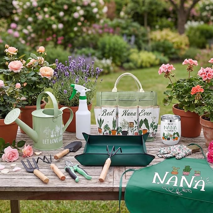 Reginary 11 Pcs Nana Gardening Gifts Mom Watering Can Set Include Garden Tool Garden Tools Tote Trigger Sprayer Soil Mat Apron Tumbler Pruning Shears Glove for Women Plant Enthusiast Present