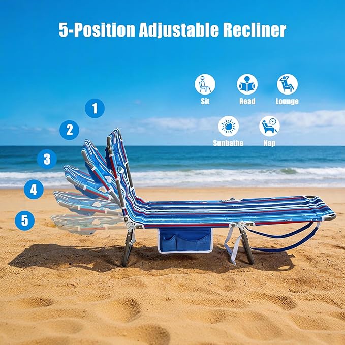 SUNNYFEEL Lay Flat Tanning Chair 2 Pack with Face Down Hole & Arm Slots, Beach Lounge Chair, 5-Position Folding Sunbathing Chair, 300 LBS Heavy Duty, 72" L x 22" W for Beach, Pool, Camping