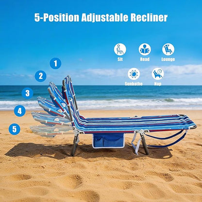SUNNYFEEL Lay Flat Tanning Chair 2 Pack with Face Down Hole & Arm Slots, Beach Lounge Chair, 5-Position Folding Sunbathing Chair, 300 LBS Heavy Duty, 72" L x 22" W for Beach, Pool, Camping