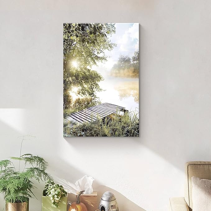 Lake Landscape Canvas Wall Art: Sunrise Nature Scenery Picture Vertical Pier Painting Print Artwork Living Room Bedroom Decor