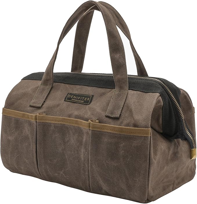 Tool Bag, 13-inch Heavy Duty 16oz Waxed Canvas Wide Mouth Water-Resistant Tool Pouch, Tool Tote with Handle for Tools, Wrenches, Screwdrivers (13 X 7.8 X 9 inch) | Grey