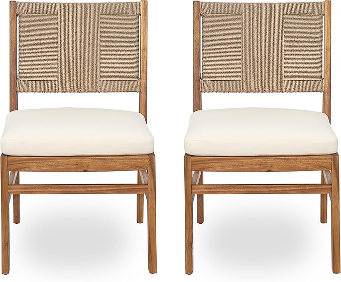 Christopher Knight Home Alan Outdoor Dining Chairs Set of 2, Wicker Woven Back Dining Chairs, Cushion Armless Chair, H Shaped Design Back, Acacia Wood Chair for Patio Poolside Garden, Teak+Cream