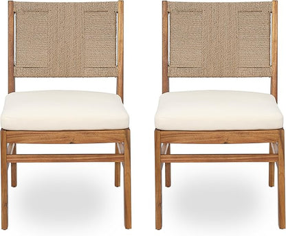 Christopher Knight Home Alan Outdoor Dining Chairs Set of 2, Wicker Woven Back Dining Chairs, Cushion Armless Chair, H Shaped Design Back, Acacia Wood Chair for Patio Poolside Garden, Teak+Cream