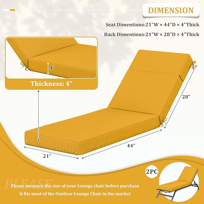 2 Pcs Chaise Lounge Cushions Outdoor, 72" L X 21" W X 4" D Lounge Chair Cushions for Outdoor Furniture, High-Density Foam Patio Chaise Cushion-Waterproof Fade-Resistant ThickPatio lounge chair cushion