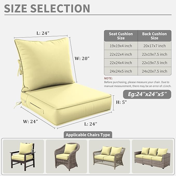 Premium Outdoor Seat Cushion Chair Cushions for Patio Furniture 24 L X 24 W X 5 H Waterproof & Fade Resistant Deep Seat and Backrest Cushion Set with Removable Covers for Chair, Sofa