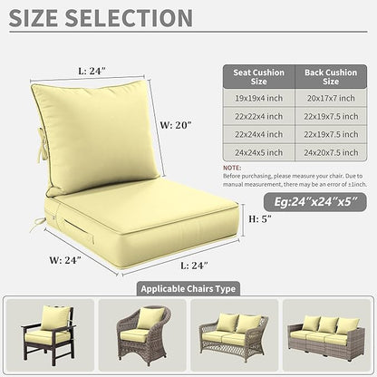 Premium Outdoor Seat Cushion Chair Cushions for Patio Furniture 24 L X 24 W X 5 H Waterproof & Fade Resistant Deep Seat and Backrest Cushion Set with Removable Covers for Chair, Sofa