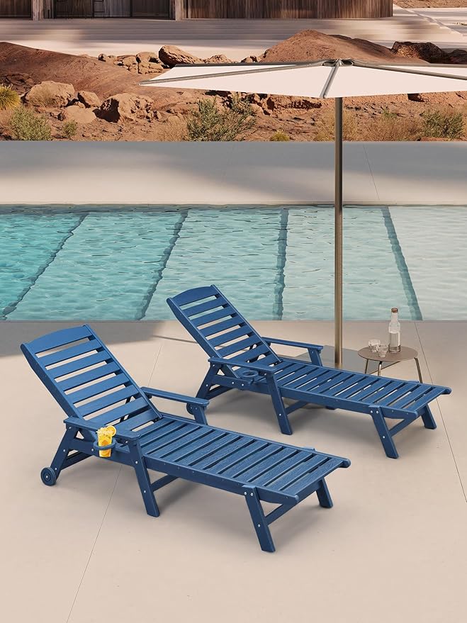 HDPE Outdoor Chaise Lounge Set of 2, 5-Position Adjustable Outdoor Lounger with Wheels & Cup Holder, 78.4'' Poly Lounge Chairs Furniture, HDPE Patio Lounge Chairs for Deck, Pool, Beach, Navy