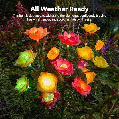 RECHOO Solar Garden Lights Outdoor Decorative, 3 Pack Solar Flower Lights with 15 Rose Flowers, Multi-Color Changing LED Waterproof Garden Decor for Landscape Pathway, Mother's Day Gifts for Women