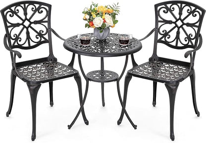 NUU GARDEN 3 Piece Outdoor Bistro Set Cast Aluminum Patio Set Bistro Table Set Rustproof Patio Table and Chairs with Umbrella Hole for Backyard, Balcony, Front Porch, Black