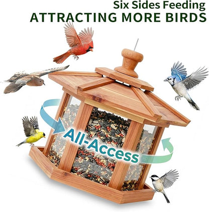 Solution4Patio Bird Feeder for Outdoors - USA Cedar Hexagon Gazebo Bird Feeders with Vented Mesh Tray, Easy-Clean & Fill Design 9.6" Dia. X 8.7" H 3.2-lb Capacity
