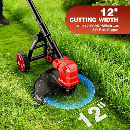 21V Cordless String Trimmer with 2 X 3.0Ah Battery and Charger, Electric Weed Wacker String Trimmer with 14" Cutting Width, Cordless String Trimmer for Lawn, Garden, Yard(8Pcs Spool Line) (Red)
