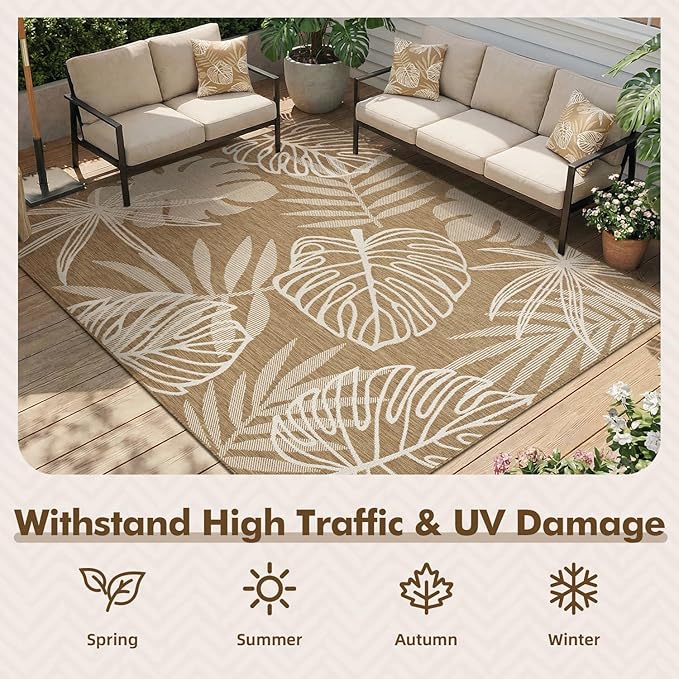 MontVoo-Outdoor Rug-Patio Rug 5x7 ft Polypropylene Indoor Outdoor Rugs Outdoor Carpet for Patio Deck Balcony Porch, Textured Weave, Durable for High Traffic, Fade-Resistant, Tropical Neutral Brown