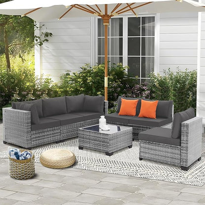 FHFO 7 Piece Outdoor Wicker Patio Furniture Set, Rattan Sectional Sofa Couch, Patio Conversation Set with Cushion & Coffee Table, for Backyard Poolside Porch Garden, Grey-Grey