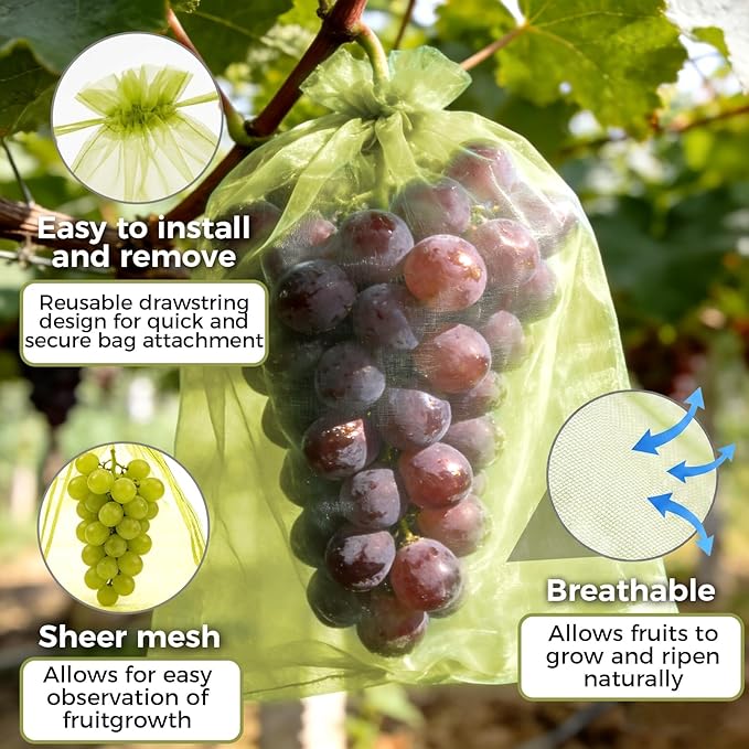 Sukh 50PCS Fruit Protection Bags - 8"x12" Fruit Cover for Fruit Tree Netting Fruit Nets to Protect Tomato Grape Mesh Fruit Organza Bags Green Net Produce Bag for Fruits & Vegetables Reusable