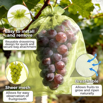 Sukh 50PCS Fruit Protection Bags - 8"x12" Fruit Cover for Fruit Tree Netting Fruit Nets to Protect Tomato Grape Mesh Fruit Organza Bags Green Net Produce Bag for Fruits & Vegetables Reusable