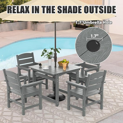 35" Outdoor Dining Table with Umbrella Hole, HIPS All-Weather Square Patio Table for Outdoor/Indoor Use, Grey