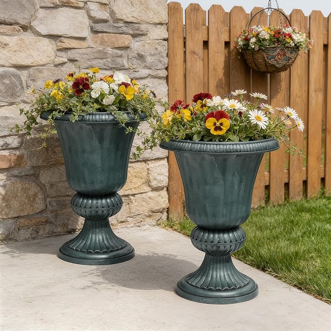 Athena Collection 20''H Garden Plastic Urn Vintage Tall Planter Urn Patio Large Flower Pot Porch Planter Large Planter for Indoor Outdoor Plant, Dark Green
