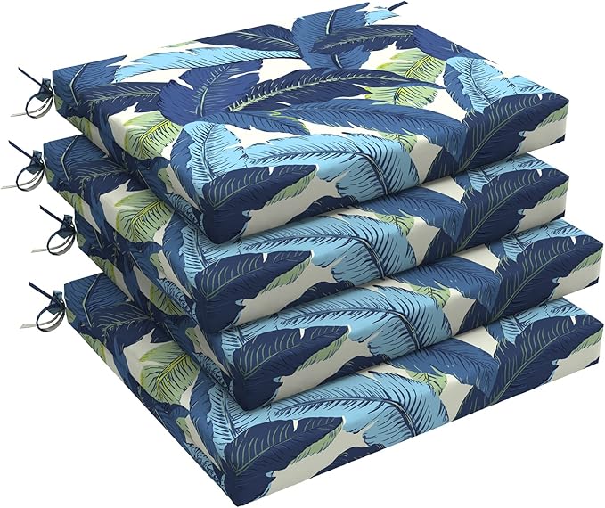 LVTXIII Outdoor Seat Cushions Set of 4 Square Corner Chair Cushions with Ties, Patio Chair Pads for Home Office and Patio Garden Furniture Decoration 18.5"x16"x2", Swaying Palms Blue