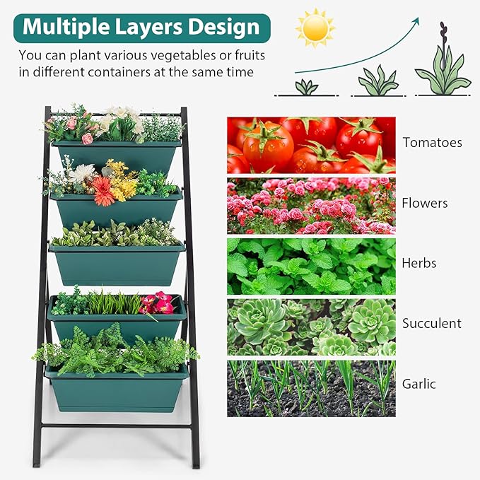 Giantex Vertical Planter Raised Bed, Elevated Garden Beds with Water Drainage Hole, Freestanding 5 Container Boxes for Herb Vegetables Flowers Growing, Outdoor Indoor Patio Balcony (Green, 1)