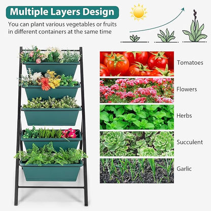 Giantex Vertical Planter Raised Bed, Elevated Garden Beds with Water Drainage Hole, Freestanding 5 Container Boxes for Herb Vegetables Flowers Growing, Outdoor Indoor Patio Balcony (Green, 1)