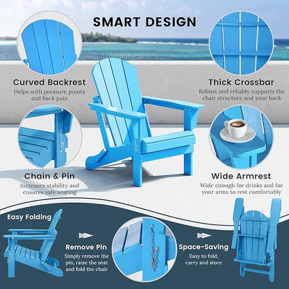 Westin Outdoors Laguna WO Outdoor Adirondack Folding Patio Chairs 8 PCS Set Retro Beach Aesthetic for Backyard, Lawn, Patio, Deck, Garden, Weather Resistant Polyethylene Plastic Lounger (Pacific Blue)