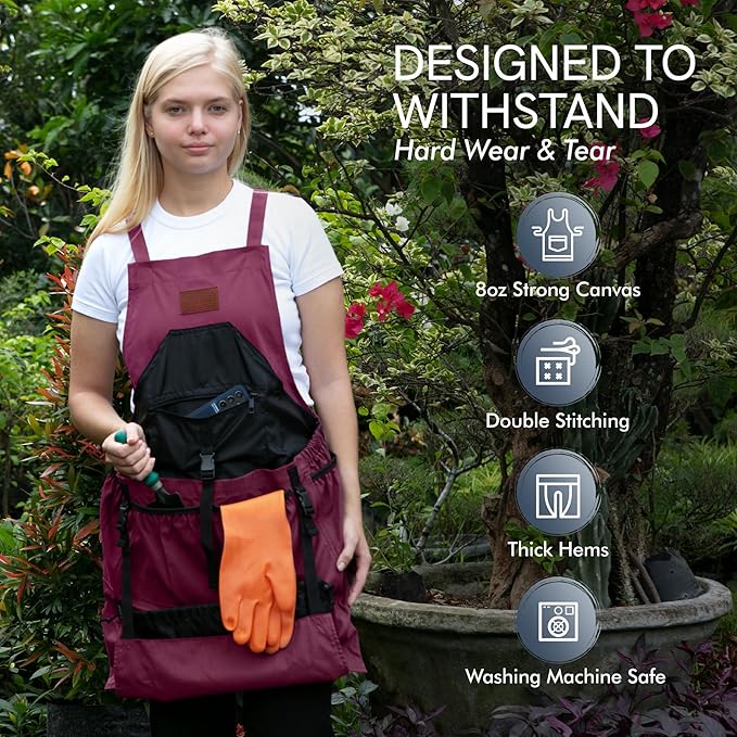 Gardening Apron with Pockets for Women & Men - Garden Apron 7 Pockets & Internal Drawstring Bag - Great Gift
