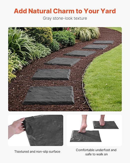 VEVOR Garden Stepping Stones, 8Pcs 15.5 x 15.5 in, Decorative Stepping Stones with Stakes, Weather-Resistant Plastic Pathway Pavers, Smooth Surface, Outdoor Walkway for Lawn Patio Landscape, Grey