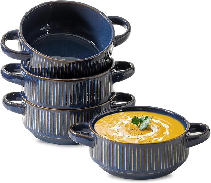 Soup Bowls with Handles, 23 oz French Onion Soup Crocks, Stackable Soup Bowl Oven Safe for Chili, Beef Stew, Embossment Ceramic Bowl Set - 5.4 Inch, Set of 4,Blue