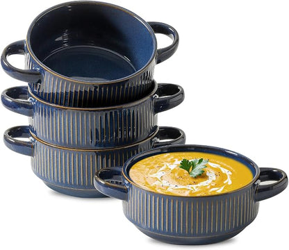 Soup Bowls with Handles, 23 oz French Onion Soup Crocks, Stackable Soup Bowl Oven Safe for Chili, Beef Stew, Embossment Ceramic Bowl Set - 5.4 Inch, Set of 4,Blue