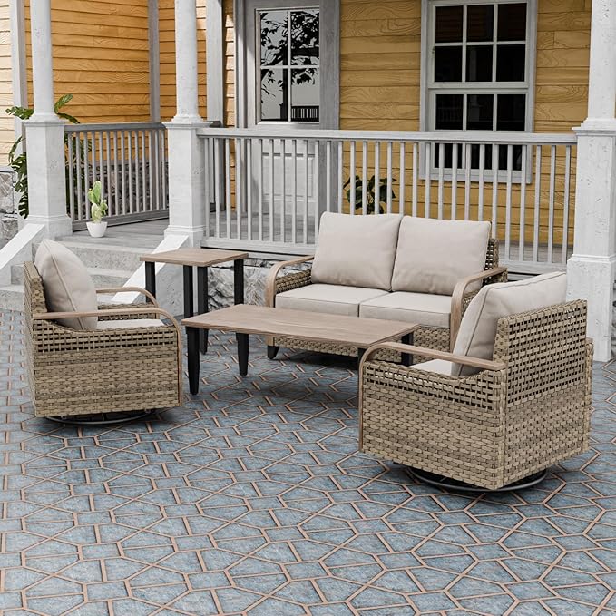 Modern Wicker Patio Furniture Set, Rattan Outdoor Conversation Set with Comfortable Cushions, 2 Swivel Rocing Chairs, 2 SeatLoveseat, Coffee Table and Side Table, 5 Pieces, Brown/Gray
