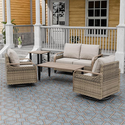 Modern Wicker Patio Furniture Set, Rattan Outdoor Conversation Set with Comfortable Cushions, 2 Swivel Rocing Chairs, 2 SeatLoveseat, Coffee Table and Side Table, 5 Pieces, Brown/Gray