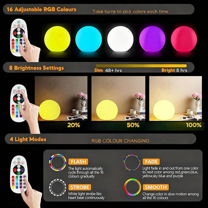 6-inch LED Light Ball,RGB Color Changing Night Light with Remote,Water Resistant,USB Rechargeable Mood Lamp for Kids Room,Bedroom,Patio,Party Decor