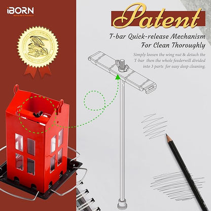 iBorn Bird Feeder House, Metal Bird Feeders for Outdoors Hanging,Double-Sided Metal Hanger & Weatherproof, Easy to Clean & Refill, 2.2 Lbs Capacity, Red