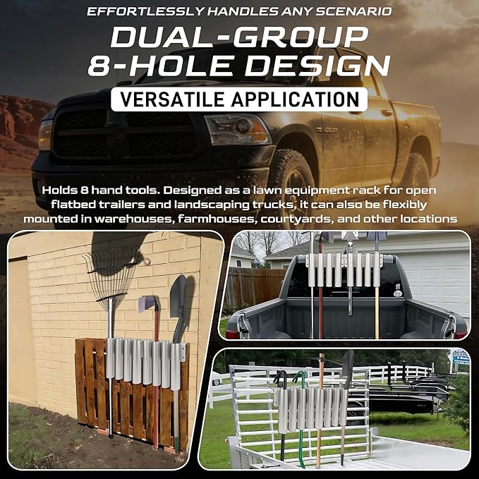 Shovel Holder for Truck/Trailer, 8-Holes in 2 Grouped Heavy-Duty Trailer Tool Rack for Trimmers, Rakes, Lawn & Garden Hand Tools Secure Mounting Prevents Loss