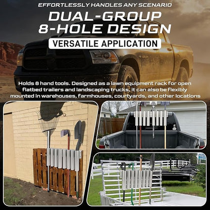Shovel Holder for Truck/Trailer, 8-Holes in 2 Grouped Heavy-Duty Trailer Tool Rack for Trimmers, Rakes, Lawn & Garden Hand Tools Secure Mounting Prevents Loss