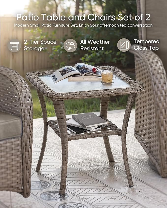HUMMUH Outdoor Bistro Set-High Back Outdoor Rocking Chair with Side Table Patio Table and Chairs Set for Deck Lawn Porch Balcony Poolside-Grey/Grey