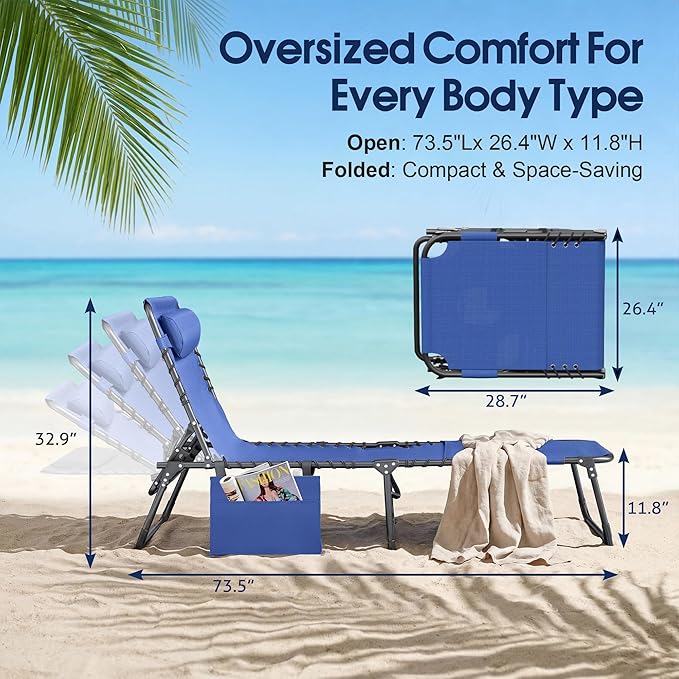 Flamaker Oversize Face Down Chaise Lounge Chair, 27 Inch Wide Foldable Outdoor Patio Chair, 5-Position Adjustable Tanning Chair with Face& Arm Holes for Sunbathing, Pool, Beach, Lawn (Grey, 1 Pcs)