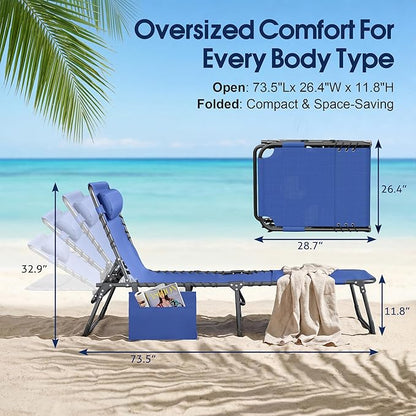 Flamaker Oversize Face Down Chaise Lounge Chair, 27 Inch Wide Foldable Outdoor Patio Chair, 5-Position Adjustable Tanning Chair with Face& Arm Holes for Sunbathing, Pool, Beach, Lawn (Grey, 1 Pcs)